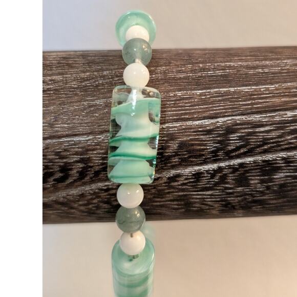 Glass Mint Green Lampwork Elongated Cylinder & Stone & Milk Glass Bead Bracelet - Picture 3 of 6